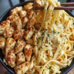 Savory Garlic Butter Chicken Bites served with creamy Parmesan fettuccine.