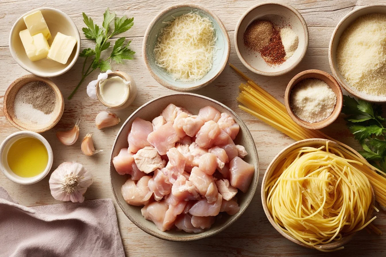 Garlic Butter Chicken Bites with Creamy Parmesan Spaghetti