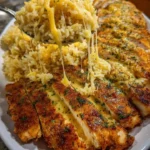 Golden Garlic Parmesan Chicken served with creamy Cajun butter rice on a plate.