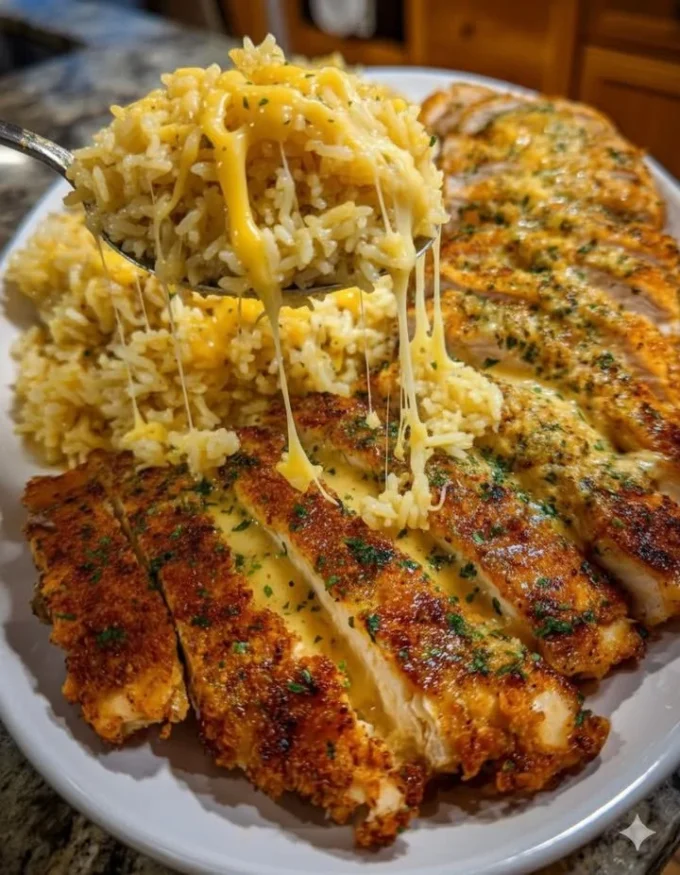Golden Garlic Parmesan Chicken served with creamy Cajun butter rice on a plate.
