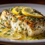 Halibut fillet served with lemon herb butter sauce on a plate