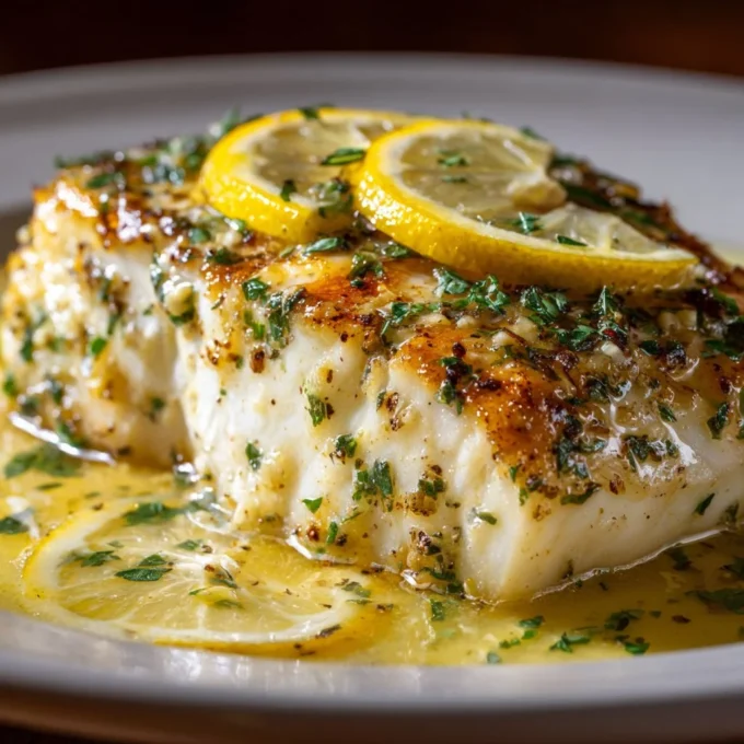Halibut fillet served with lemon herb butter sauce on a plate