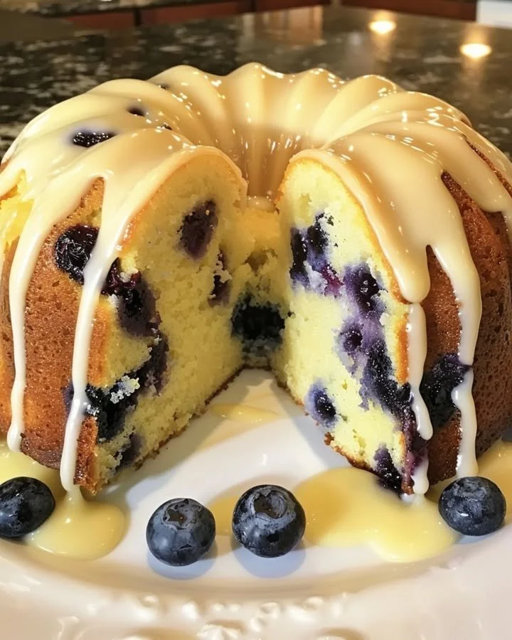 A delicious lemon blueberry pound cake topped with a sweet glaze on a white plate.