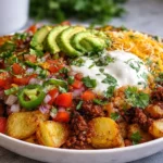 Loaded potato taco bowl topped with cheese, bacon, and green onions.