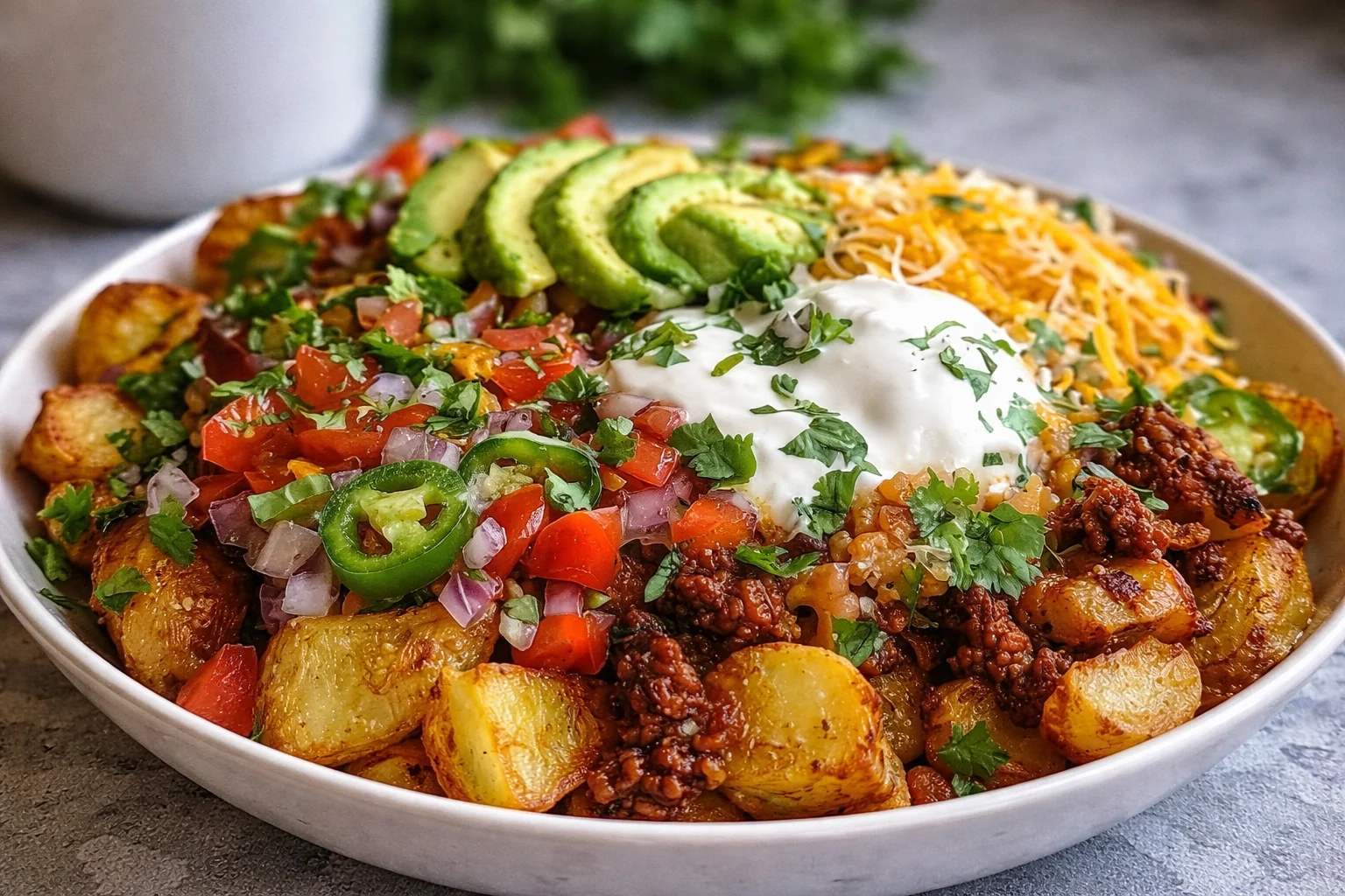 Loaded potato taco bowl topped with cheese, bacon, and green onions.