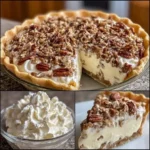 Delicious pecan cream pie freshly baked and garnished with whipped cream.