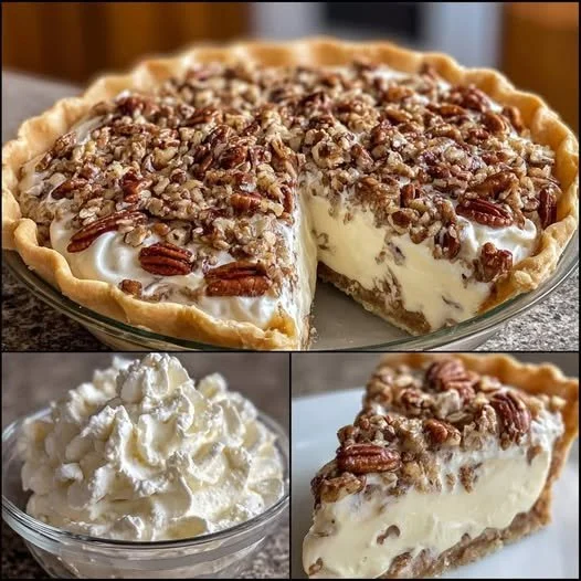 Delicious pecan cream pie freshly baked and garnished with whipped cream.
