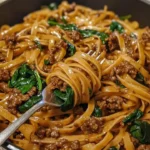 One-Pot Beef and Garlic Parmesan Spinach Pasta served in a bowl