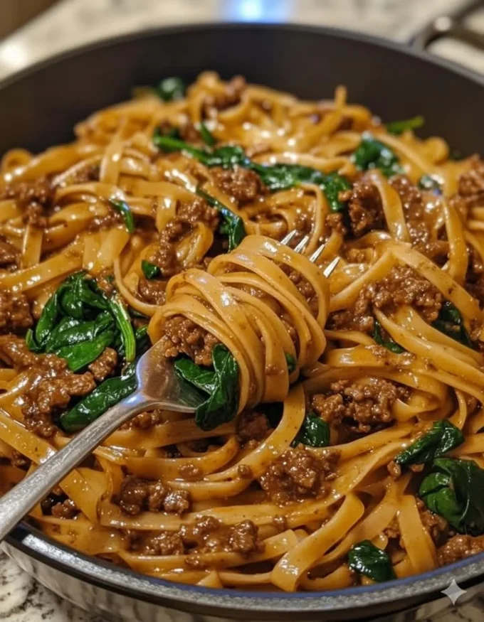 One-Pot Beef and Garlic Parmesan Spinach Pasta served in a bowl