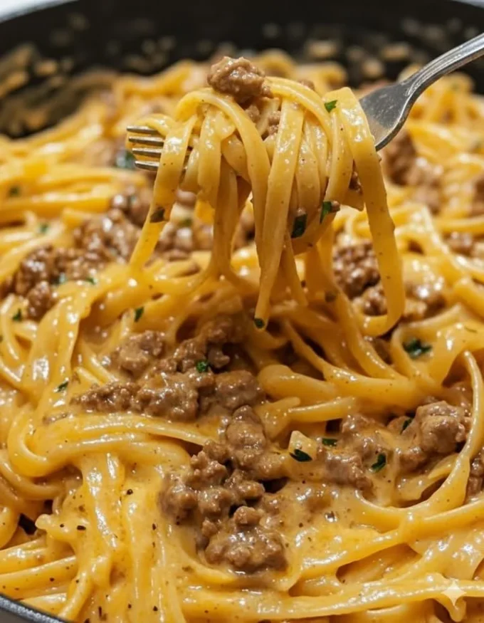 Delicious one-pot creamy beef and garlic butter pasta dish served in a bowl