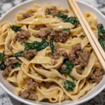 One-Pot Creamy Beef and Spinach Alfredo dish served in a bowl