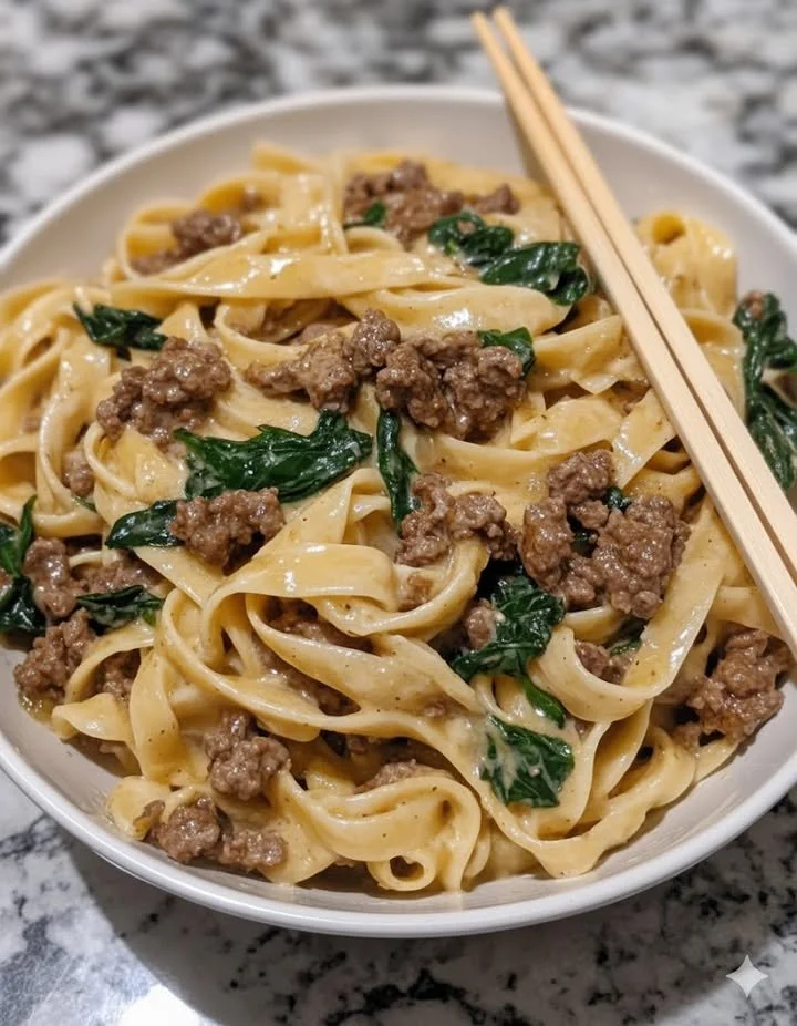 One-Pot Creamy Beef and Spinach Alfredo dish served in a bowl