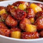Pineapple Bites with Lil Smokies appetizer on a platter