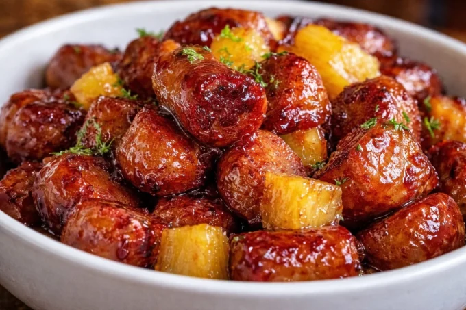 Pineapple Bites with Lil Smokies appetizer on a platter