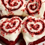 Red Velvet Cinnamon Roll Hearts topped with cream cheese frosting