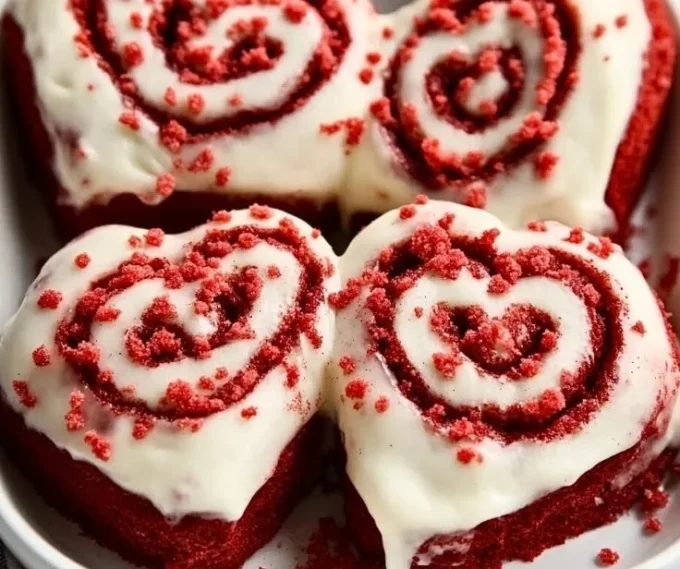 Red Velvet Cinnamon Roll Hearts topped with cream cheese frosting