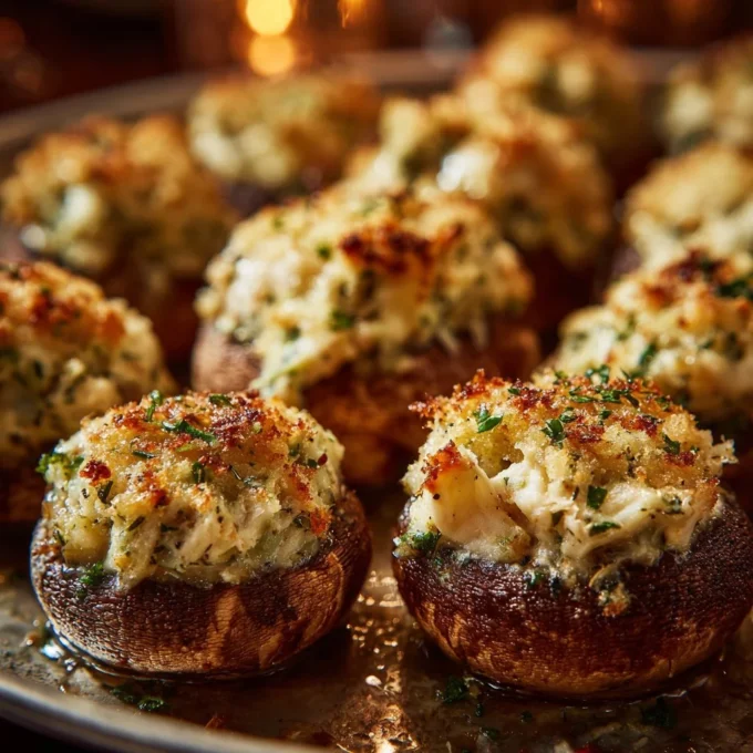 Delicious seafood stuffed mushrooms topped with herbs and breadcrumbs