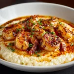 Delicious shrimp and grits served in a bowl with herbs