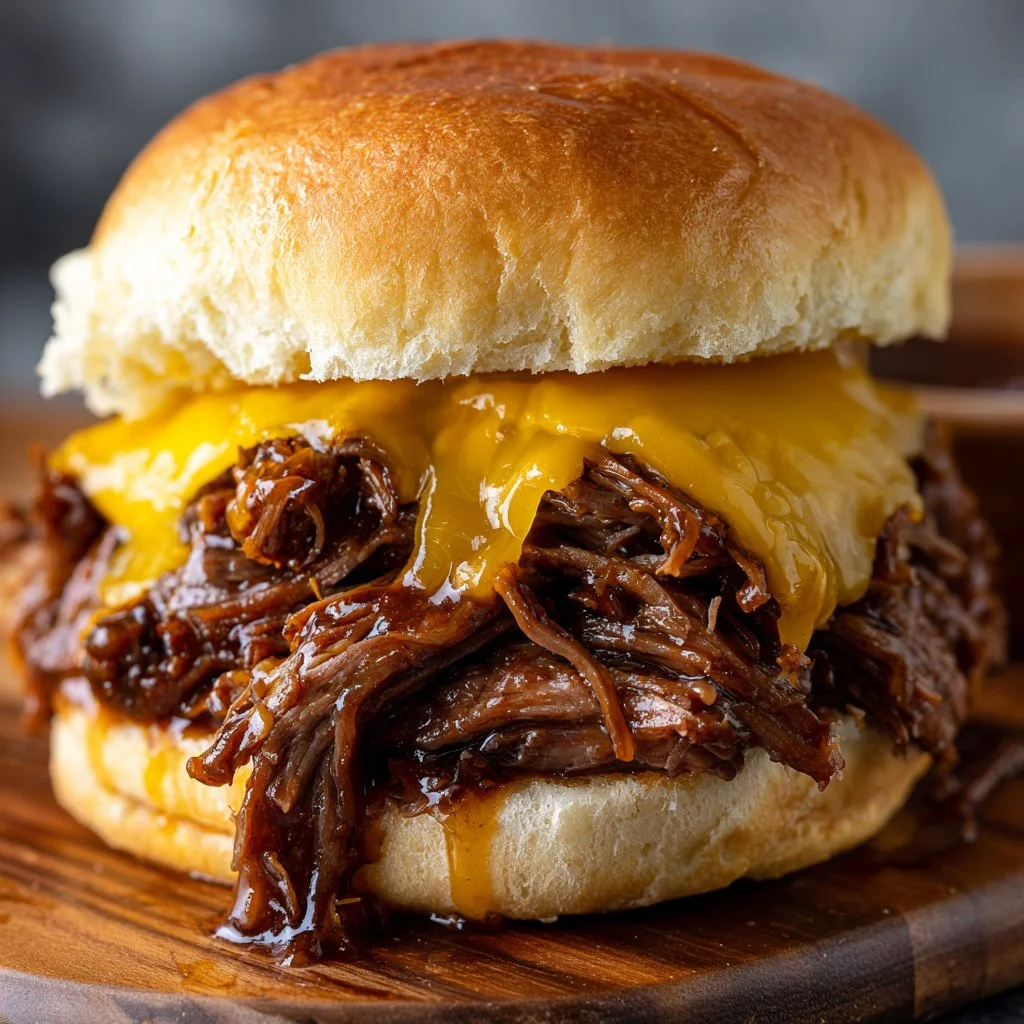 Slow cooker beef and cheddar sandwich served on a plate with toppings.