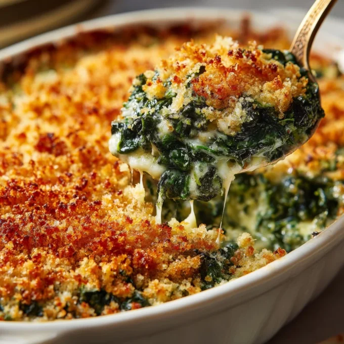 Delicious homemade Spinach Cheese Bake freshly baked in a casserole dish