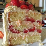 Delicious Strawberry Lemon Cream Cheese Cake with fresh strawberries and lemon icing