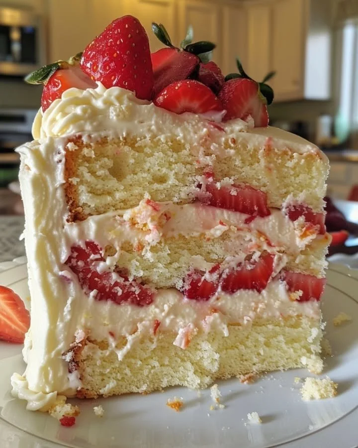 Delicious Strawberry Lemon Cream Cheese Cake with fresh strawberries and lemon icing