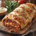 Delicious Stromboli filled with meats and cheeses on a wooden board