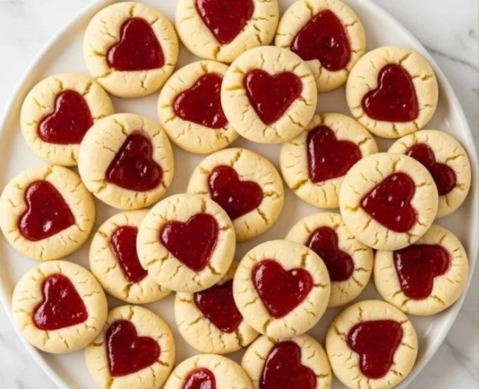 Plate of homemade thumbprint cookies with colorful jam filling.