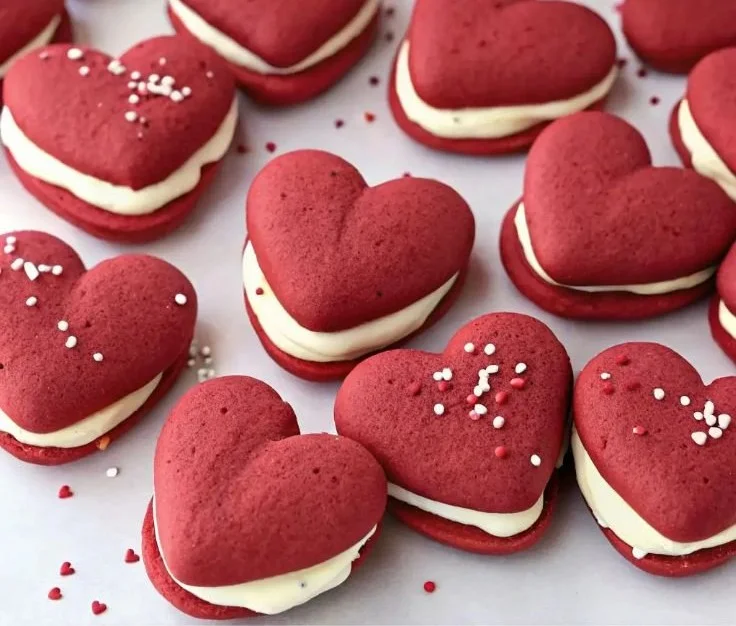 Delicious homemade whoopie pies with creamy filling between chocolate cookies