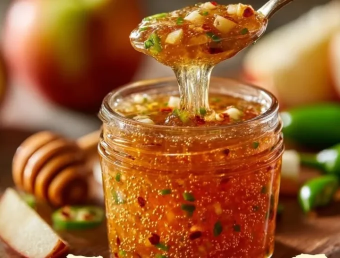Jar of Apple-Honey Jalapeño Pepper Jam with fresh ingredients