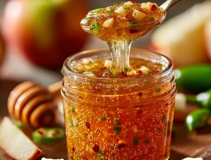 Jar of Apple-Honey Jalapeño Pepper Jam with fresh ingredients