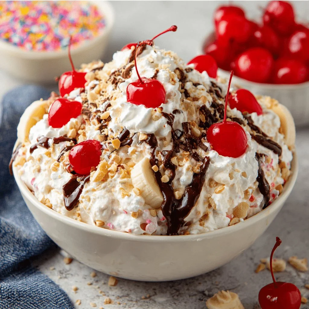 A creamy bowl of Banana Split Fluff salad with fruit and whipped cream.