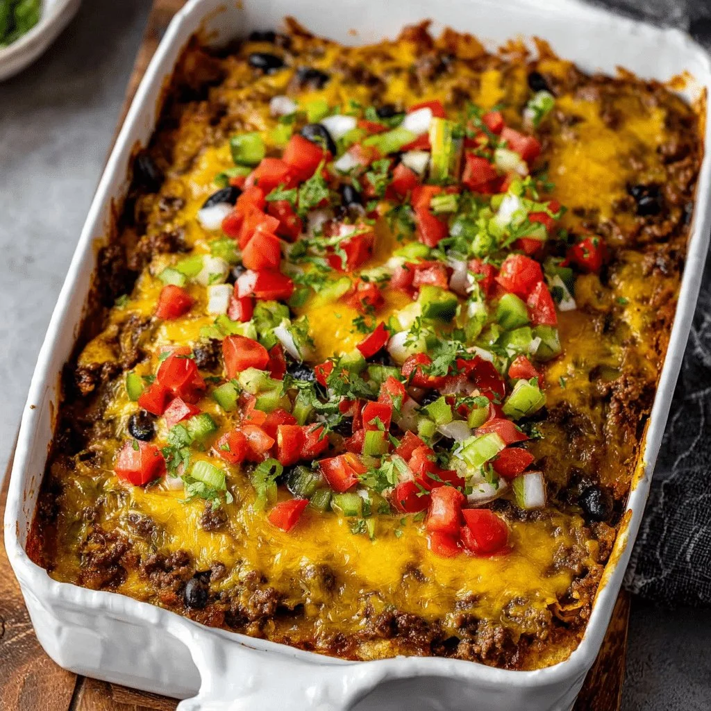 Delicious beef burrito casserole baked with cheese and toppings