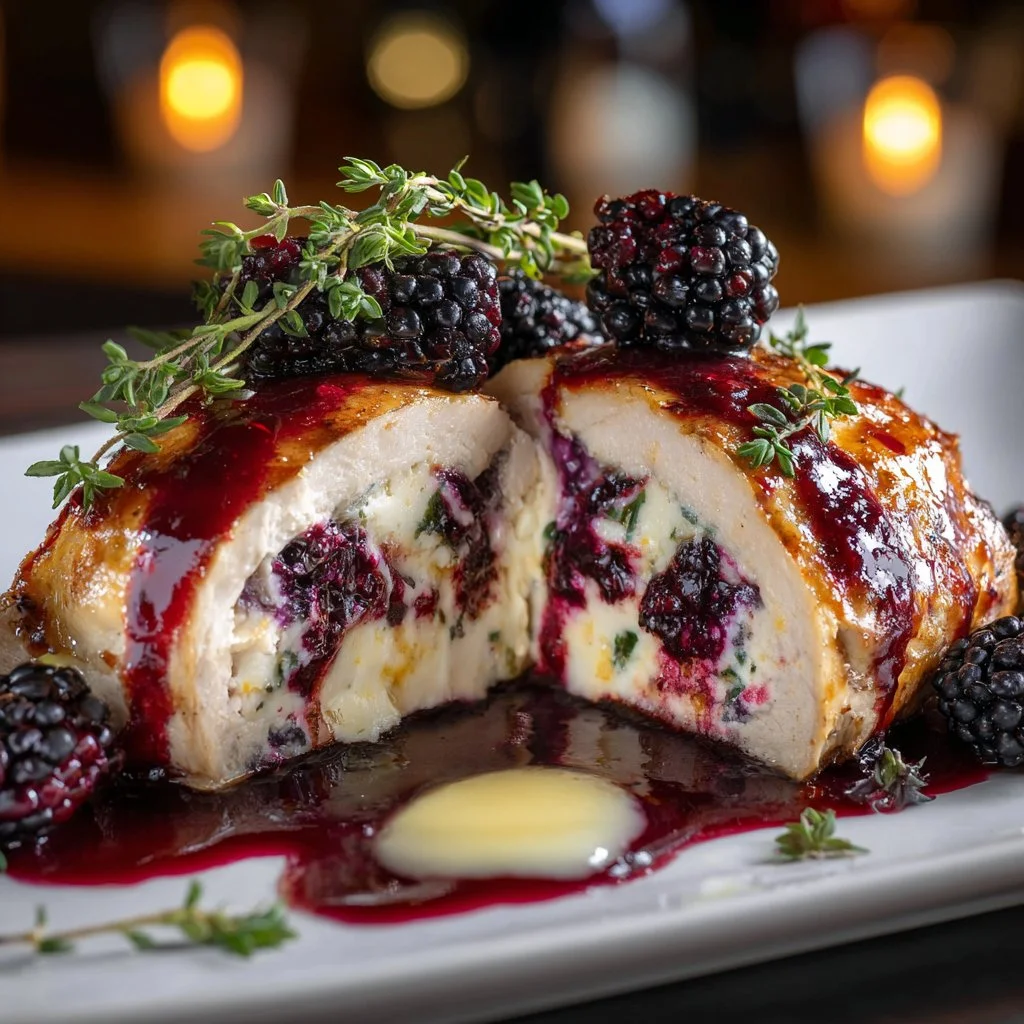 Plate of Blackberry Ricotta Stuffed Chicken with fresh herbs and berries.