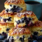 Freshly baked blueberry biscuits on a rustic wooden table