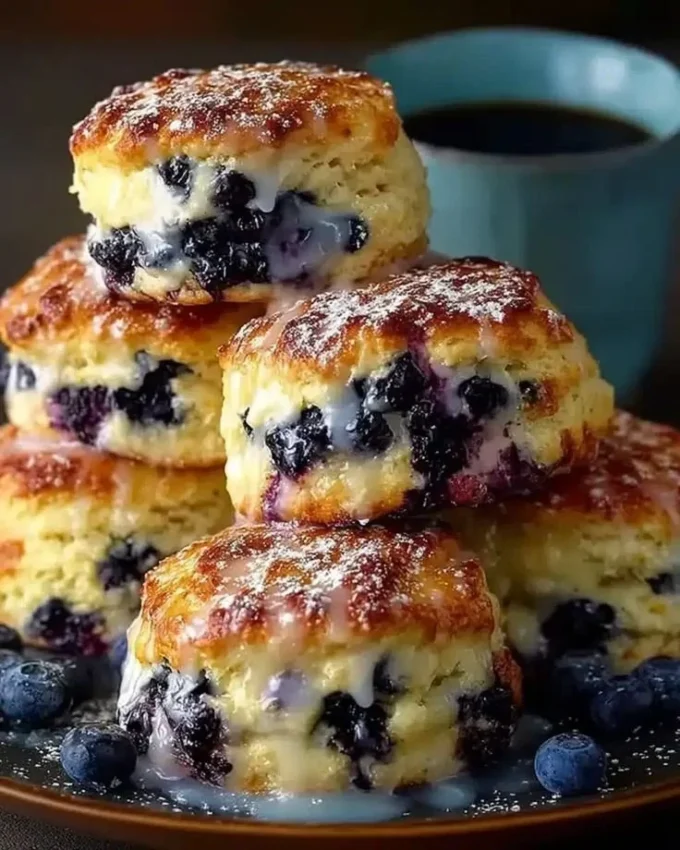 Freshly baked blueberry biscuits on a rustic wooden table