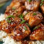 Delicious plate of Bourbon Chicken garnished with green onions