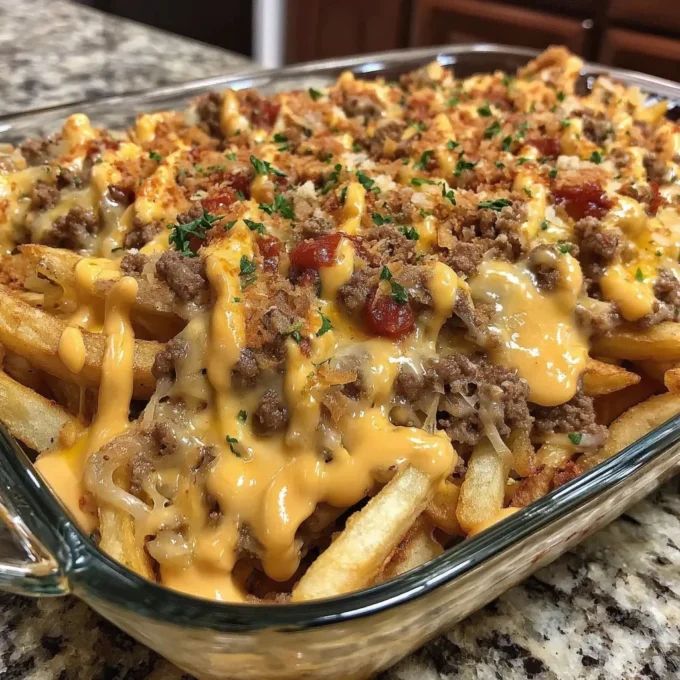 Cheeseburger Casserole topped with cheese and fresh ingredients in a baking dish