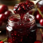 Jar of Cherry Bourbon Jam with fresh cherries and bourbon whiskey