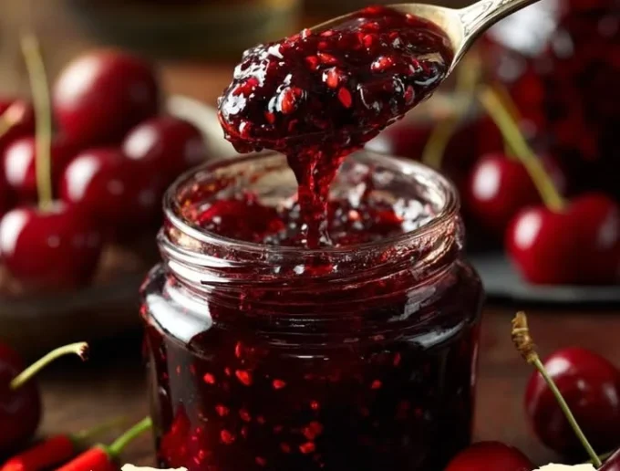 Jar of Cherry Bourbon Jam with fresh cherries and bourbon whiskey