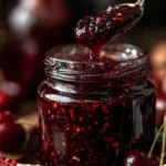 Jar of Cherry-Chipotle Firecracker Jam on a wooden table