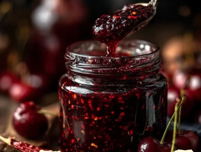Jar of Cherry-Chipotle Firecracker Jam on a wooden table