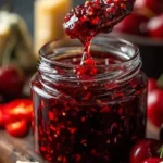 Delicious homemade cherry jam in a glass jar with fresh cherries