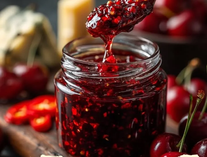 Delicious homemade cherry jam in a glass jar with fresh cherries