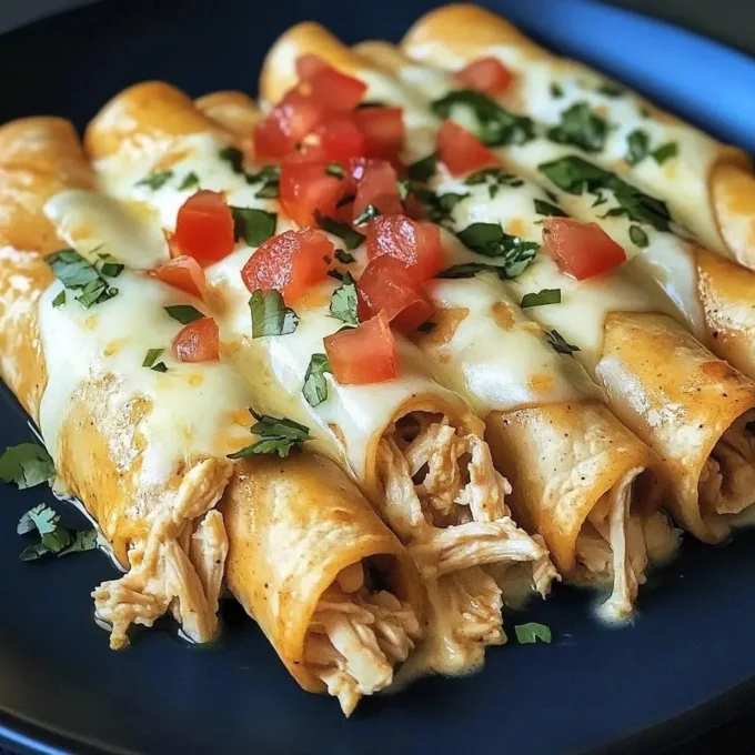 Plate of crispy Chicken Taquitos garnished with salsa and herbs