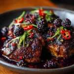 Chicken breast with blackberry sauce on a plate