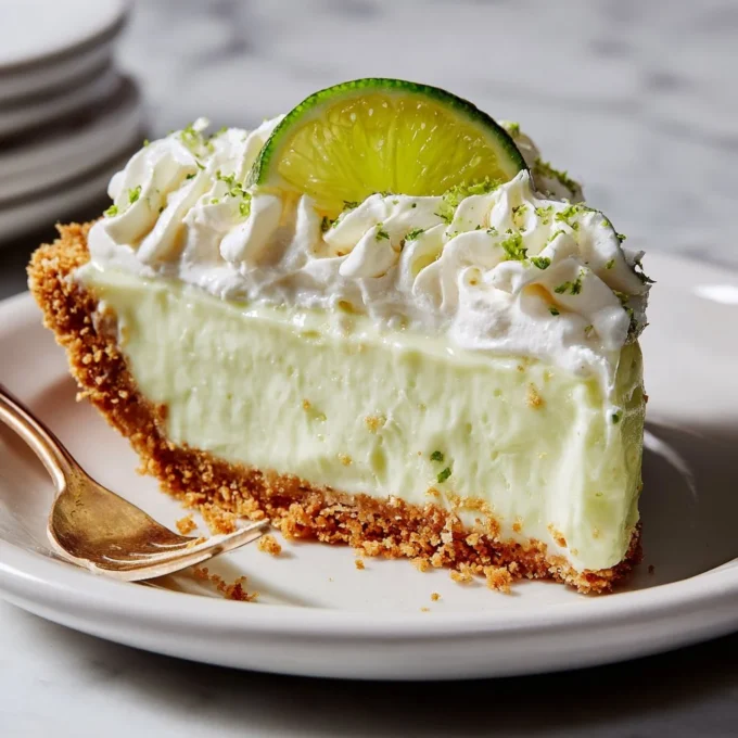 Slice of classic Key Lime Pie garnished with lime slices and whipped cream