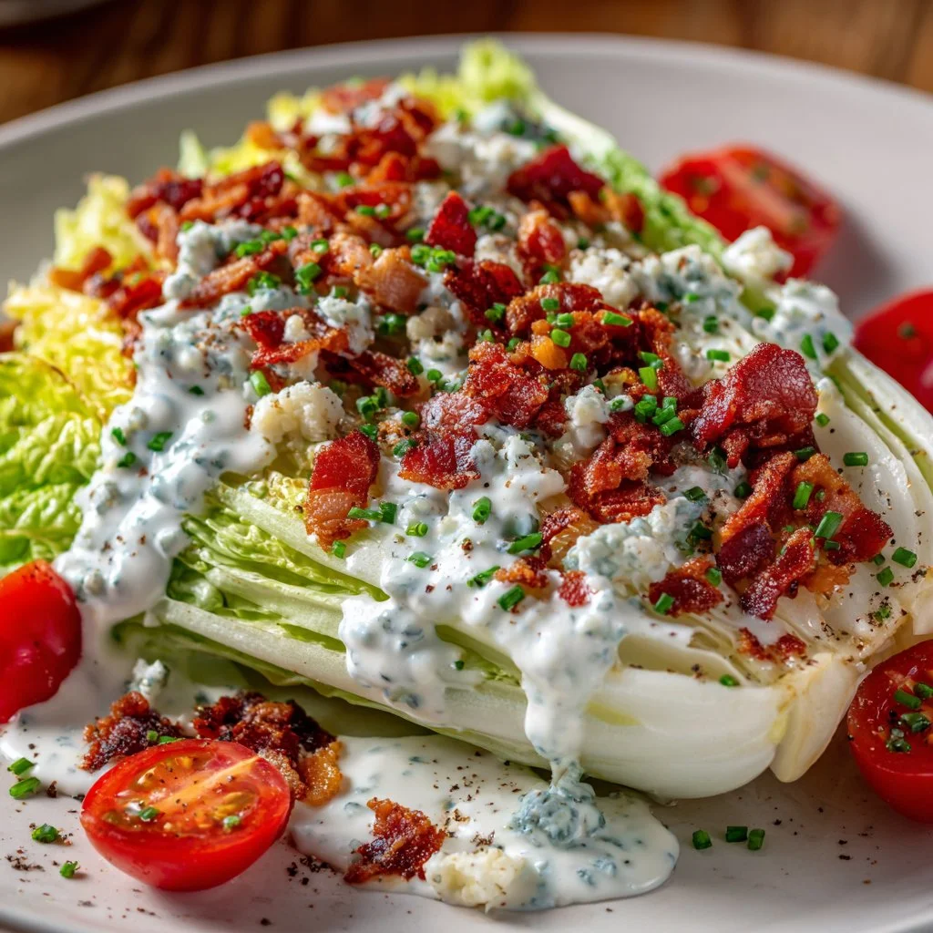 Classic Wedge Salad with crisp lettuce and creamy dressing