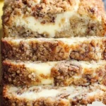 Cream Cheese Banana Bread with Crumb Topping on a wooden cutting board