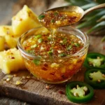 Fiery Pineapple Pepper Drizzle sauce in a glass bottle with peppers and pineapples
